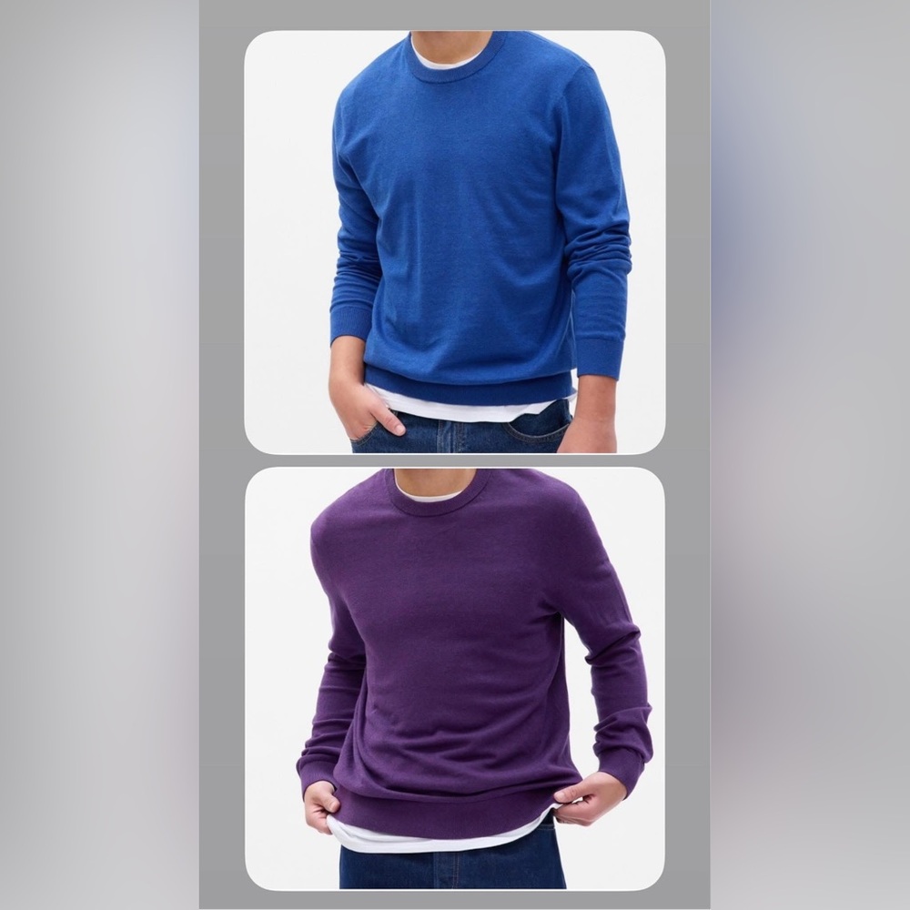 2 Mainstay Crewneck Sweaters
Blue, Purple
Each sold separately or in bundle
Gap